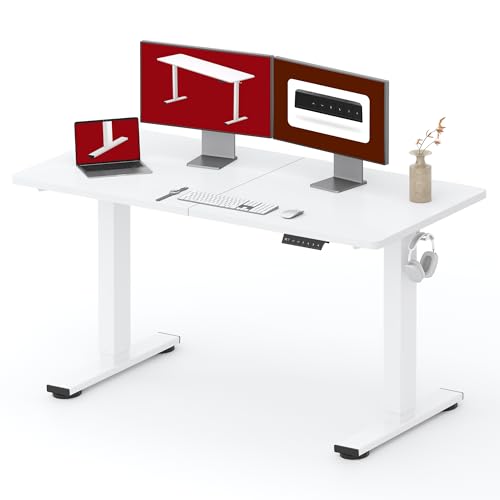 Image of SANODESK Height Adjustable Electric Standing Desk 55x24 Inches, Sit Stand Desk with Splice Board for Home Office, Ergonomic Computer Workstation, Study & Gaming, White Frame /White Top