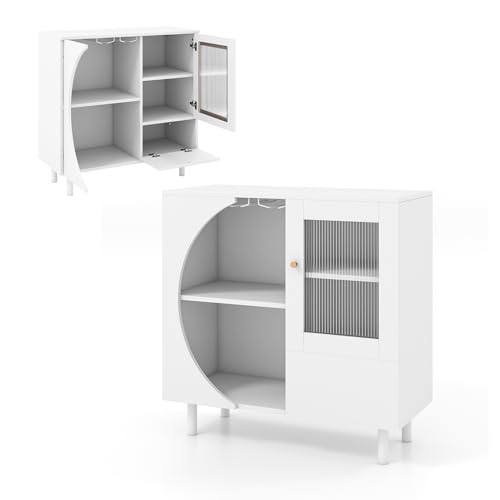 KOMFOTTEU Aparador de Cocina con Puerta de Cristal, Armario Buffet con 2 Estantes Abiertos, Soporte para Copas, Armario Inferior con Puerta, Mueble de Comedor, Pasillo, 80 x 30 x 80 cm, Blanco