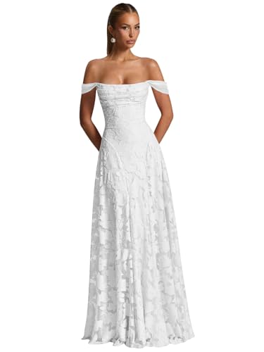 Gjvgj White Formal Dresses for Women Off the Shoulder A Line Floral Lace Long Bridesmaid Dress Size8