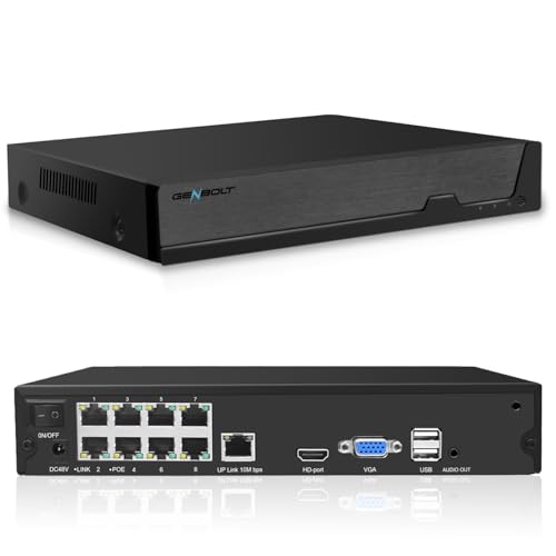 GENBOLT 4K PoE NVR, 10-Kanal CCTV-Kamerasystem Netzwerk-Videorekorder, Unterstützt 8MP/5MP/4MP/1080P HD PoE IP-Kameras, 24/7 Überwachungsaufzeichnung