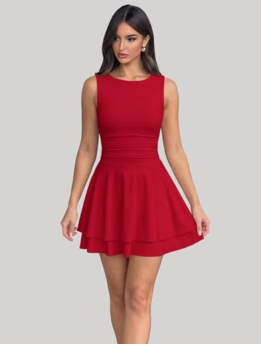 Image of IWD Women's Boat Neck Sleeveless Mini Dress Ruched Waist Flowy Tiered Ruffle Hem A Line Party Short Dresses