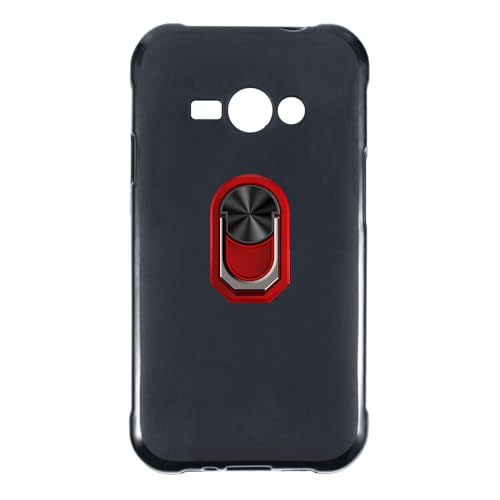 UOGNADGD Flexible Case + Ring Holder Compatible with Samsung Galaxy J1 Ace Phone Shockproof Cover & Magnetic Mecha Style Finger Grip Kickstand (Black+RedRing)