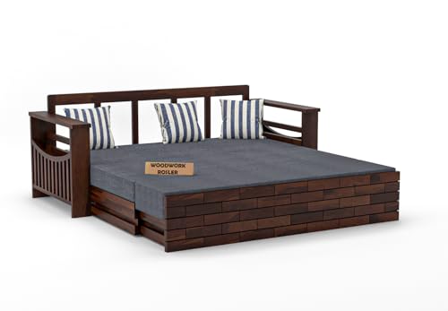 Image of Solid Sheesham Wooden Sofa Cums Bed with Mattresses for Living Room|Rosewood 3-Person Sofa Cums Bed for Bedroom Without Pillow (I-Walnut Finish)