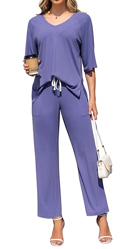 Image of difficort 2 Piece Lounge Sets for Women Summer Outfits Vacation Loungewear | Knit Raglan Short Sleeve Wide Leg pant with Pockets