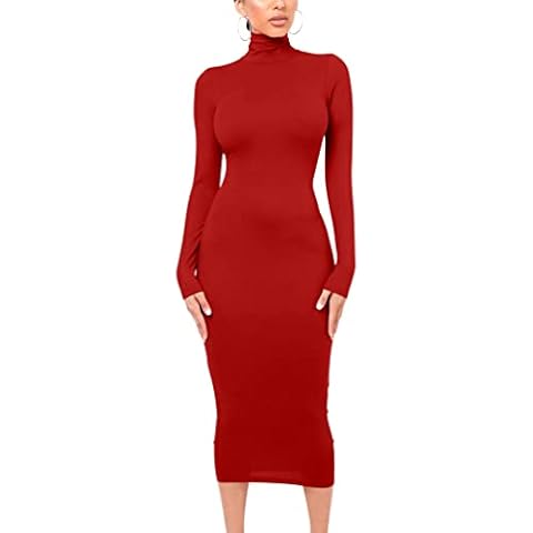 VASAUGE Women's Sexy Bodycon Club Party Long Sleeve Turtleneck Casual Midi Pencil Dress, Large, Red Cover