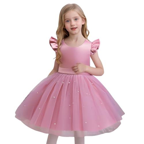 Universal Niño Niña Volar Mangas Vestidos Perla Decoración Sólido Bowknot Princesa Vestido, Rosa., 6-7 años