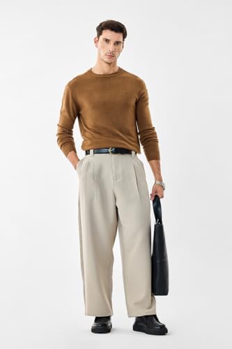 Image of SNITCH Men Casual Trousers | Baggy Fit Wide-Leg Design with Pleated Front & Button Closure | Durable Polyester Blend & Medium-Stretch Fabric for Summer Wear