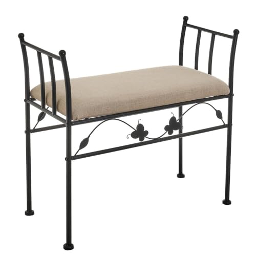 LOLAhome - Banqueta para pie de Cama de Metal Negro y Asiento de Lino Beige. Taburete para Dormitorio o vestidor de 68 cm de Largo y 30 cm de Ancho. Altura Asiento 46 cm. Altura Total 64 cm