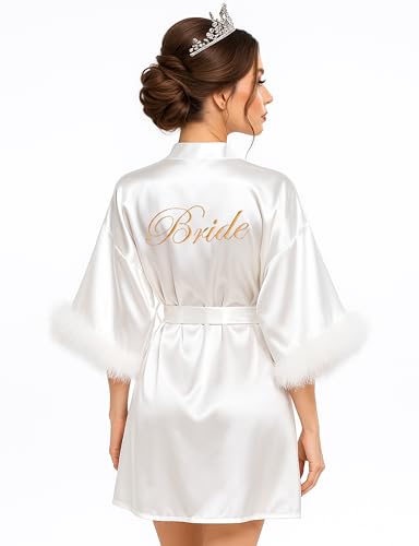EPLAZA Bride Robe for Wedding Day Bridal Robes Feather Sleeve Satin Kimono Robes Bachelor Party Getting Ready Outfits2