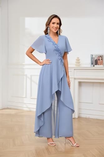 2 Pieces Mother of The Bride Pant Suits for Women V Neck Short Sleeve Chiffon Formal Wedding Outfits3