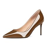 Eldof Women's High Heel Pumps Classic 3.2in Patent Pointed Toe Stilettos 8cm Wedding Party Dress Pumps Brown US7
