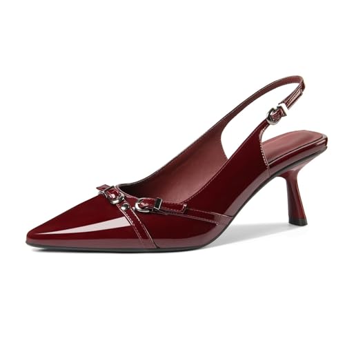 Image of Kitten Heels for Women Closed Pointed Toe Heels Patent Leather Low Heel Slingback Dress Shoes Feature Adjustable Buckle for Date Party Work Office Comfortable Sexy Pumps Shoes