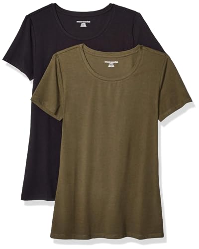 Amazon Essentials Women's Regular-Fit Short-Sleeve Crewneck T-Shirt, Pack of 2, Black/Olive, S