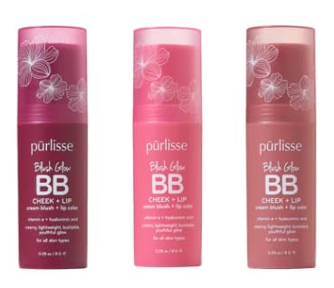 Purlisse Blush Stick, 2-in-1 Cheek Lip Tint Stick - 100% Natural, Vegan - Buildable Lightweight Shimmer Cream Blush, Hydrating Formula for All Day Wear 3-Pack (Nude Sugar, Berry Bliss, Pink Crush)