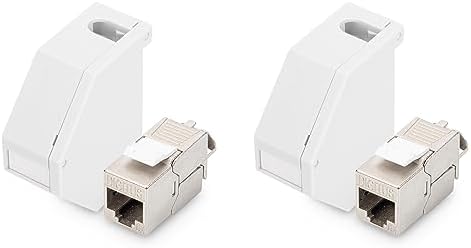 DIGITUS Hutschienen-Adapter – 2 Stück – Mit 2x Cat6A Keystone-Modul – 45° Gewinkelt – Beschriftungsfeld – Mit Erdungsfeder – Grau
