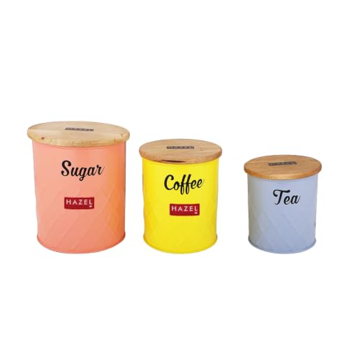 Image of HAZEL Tea Coffee Sugar Container Set of 3 with Airtight Wooden Lid