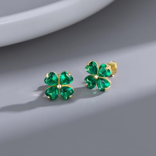 Reffeer Solid 925 Sterling Silver Four Leaves Clover Earrings Studs for Women Teen Girls Heart Cut Green CZ Clover Studs Earrings Leaf 5
