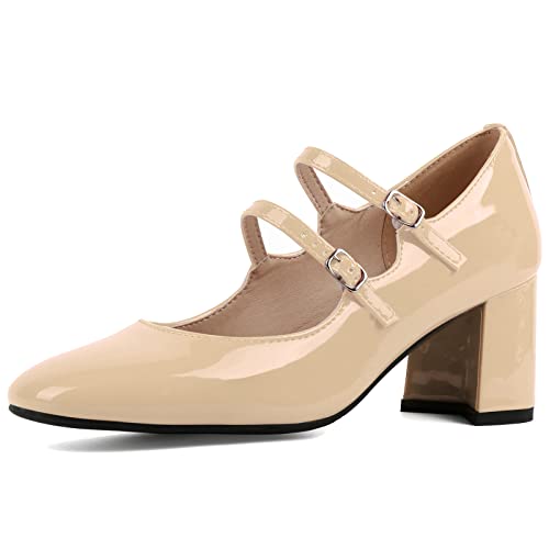 Alsoloveu Women's Mary Jane Shoes Patent Leather Retro Low Chunky Heels Pump Shoes for Women Double Ankle Strap Pumps