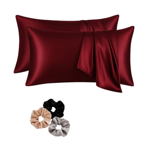 Image of Craftelio Satin Pillow Covers Set of 2 with 3 Free Random Color Hair Scrunchies - Anti-Frizz, Skin-Friendly, Soft & Durable Pillowcase Set for All Hair Types (Burgundy)