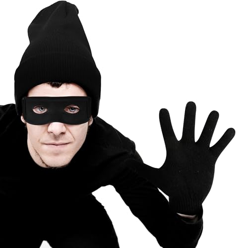 QZYL 8 PCS Robber Costume Set, Thief Cosplay Beanie Cap Gloves Eye Masks Canvas Money Bags for Halloween Burglar Theme Party - Thumbnail 7