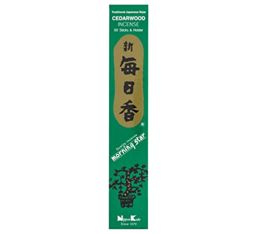 Morning Star Incense Cedarwood, 50 Sticks with Ceramic Incense Holder, Key Note: Cedarwood, Japanese Style Incense, Nippon Kodo