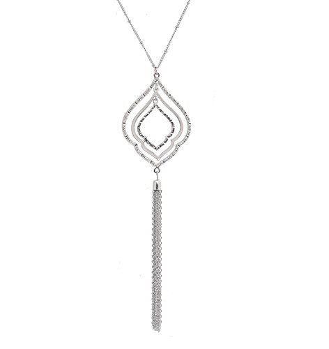 FAERLIIRY Long Necklace For Women Layered Rhombus Leaf Drop Tassel Pendant Necklace Y Costume Jewelry Sweater Necklace(Silver)
