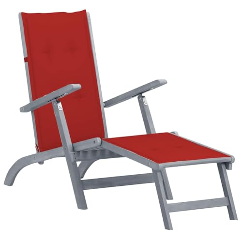 Wynira Tumbona de madera maciza de acacia con reposapiés y soporte, 3 posiciones, plegable, resistente a la intemperie, para jardín, terraza, balcón con respaldo ergonómico y cojín rojo