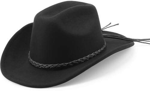 DRESHOW Western Cowboy Hat for Men Women Cowboy Cowgirl Hat Outdoor Wide Brim Retro Felt Fedora Hats Unisex Rolled up Caps