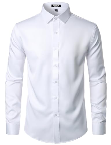 JEMITOP Men's Stretch Wrinkle Free Dress Shirts Formal Wedding Prom Long Sleeve Button Down Shirt Solid White L