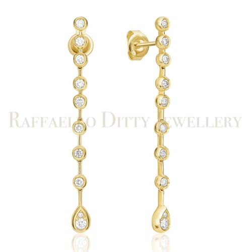 Diamond Drop Dangle Earrings, 14K Real Yellow Gold, Natural Round Bezel 0.5 Ct 1.6" Long #TOP1
