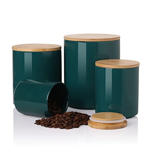 Sweejar Kitchen Canisters Ceramic Food Storage Jar Set, Stackable Containers with Airtight Seal Wooden Lid for Serving Ground Coffee, Tea, Herbs, Grains, Sugar, Salt - Set of 4 (Jade)