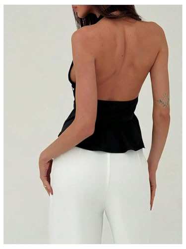 MakeMeChic Women's Metal Halter Tops Open Back Ruffle Hem Sleeveless Tank Clubwear3