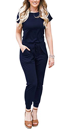 Doubcq Womens Casual Short Sleeve Jumpsuits Elastic Waist Jumpsuit With Pockets(Navy Blue, M) #TOP2