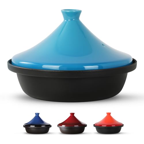 Moroccan Tagine for Cooking: Enameled Cast Iron Cooking Pot, Slow Cooker, Classic Kitchen Cookware, Tajine with Ceramic Cone-Shaped Closed Lid, 3.3 QT, Light Blue