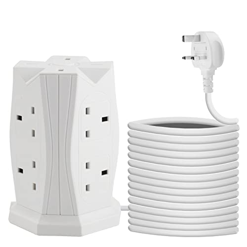 Tower Extension Lead with USB Slots, 12 Way Multi Socket Plug with 5M Tower Extension Cord, Surge Protector Extension Lead with Switch,Power Strip Tower for Home, Office, Kitchen,White