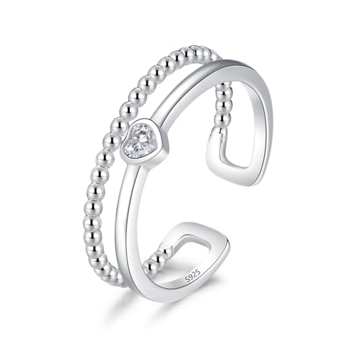 Cangall Silber Damen Ringe, 925 Sterling Silber Offen Verstellbar Doppelringe, Schlicht Offen Ringe Silber Herz Fingerringe Eheringe Einfach Doppelring Verstellbar Ring Verlobungsring Partnerringe