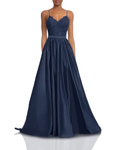 APXPF Damen Spitze Ballkleider Lang Satin Schlitz Formelle Abendkleider mit Taschen, navy, 48 Cover