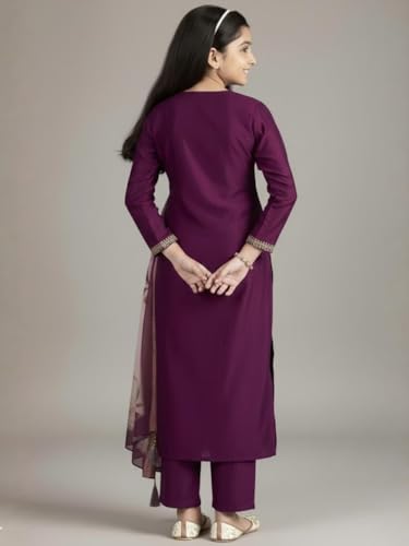 Image of Girls Ethnic Embroidered Silk Kurta Pant and Jacquard Dupatta Set | Kids Salwar Suit | three piece Traditional Outfit