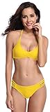 SHEKINI Damen Neckholder Gepolstert Bandage Bikini Raffung Oberteil Push up Bikini Set Bademode Badeanzüge Tankini (X-Large, Gelb)