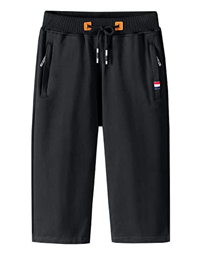 KTWOLEN Herren Sport Jogginghose Sommer Outdoor Kurze Hose Baumwolle Jogging Hose Capri Hosen Leicht Fitness Trainingshose Atmungsaktiv Sommer Shorts, Schwarz, XXL
