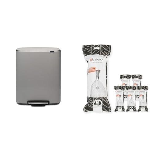 Brabantia Bo Pedal Bin - 1 x 60L Inner Bucket (Mineral Concrete Grey) Waste/Recycling Kitchen Bin + M Liners Multipack Box (120 rolls)