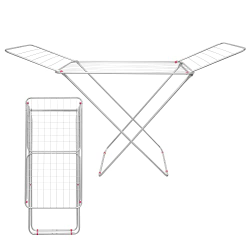SG Traders Clothes Drying Rack - Winged Clothes Horse Airer 18m Laundry Dryer Rail Rack Large Clothing Drying Stand Indoor Outdoor Foldable Easy Storage Metal Silver Clothes Airer Clothes Dryer Rack