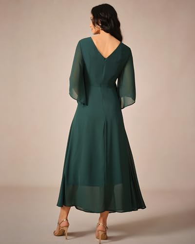 Women's Formal Cocktail Wedding Guest V Neck Long Chiffon Maxi Dresses A-Line 3/4 Sleeve Elegant Bridesmaids Dress3