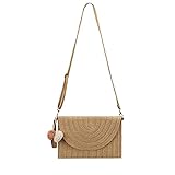 Lobagve Women's Straw Shoulder Bag Woven Pom Pom Clutch Envelope Purse Wallet Casual Beach Handmade Crossbody Bag,Light Brown