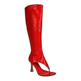 Liliana Women's Open Toe Thong Sandals Knee High Heel Sandal Boots Sanyana-1 Red 8