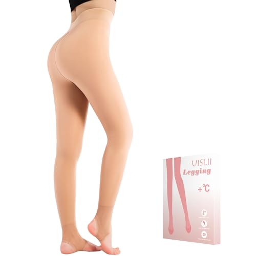 Image of UISLII Fleece Lined Tights Women, Warm Stirrup leggings, Fake Translucent Thermal Skin Colored Tights for Winter(Skin L-T)