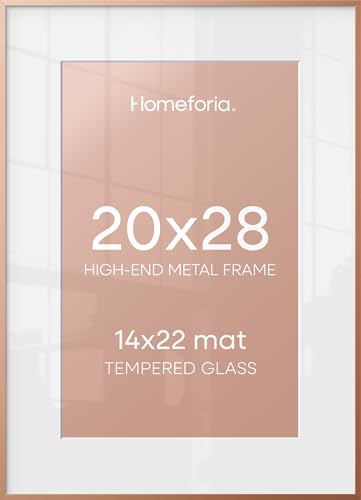 Image of Homeforia 20x28 Frame Rose Gold, High End Metal 20x28 Poster Frames with Mat 14x22 inch Photo, 20 x 28 Rose Gold Picture Frame Matted to 14 by 22 Print, 28x20 Frame, Tempered Glass, Wall Kit, Set of 1
