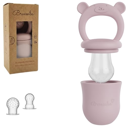 Broemba Fruchtsauger Baby & 3 Schnuller - Rosa 100% Silikon Nahrungsschnuller mit Beißring, Fruchtschnuller für Obst, Gemüse & Babynahrung, BPA-frei