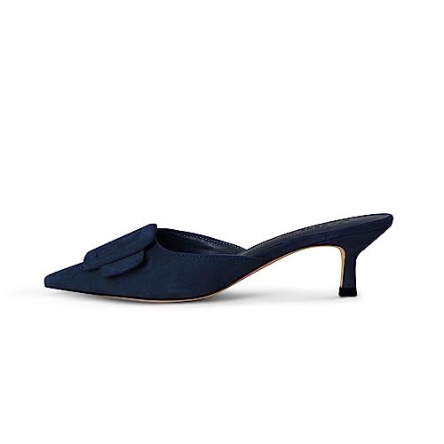 Kitten Heel Mules Sandals for Women Pointed Toe Square Buckle Backless Slip on Suede Stiletto Dress Heeled Sandals Wedding Party Shoes2