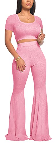 Sexy Club Outfits for Women Crop Tops Flared Pants Set Bodycon Jumpsuit M Pink